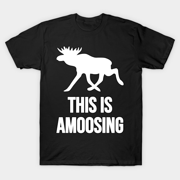 This Is Amoosing Walking White On Black Moose Silly Pun T-Shirt by Musa Wander